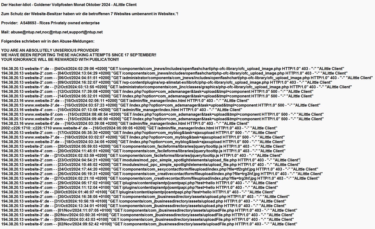 Hacker-Idiot - Goldener Vollpfosten Oktober 2024 - AS48693 - Rices Privately owned enterprise